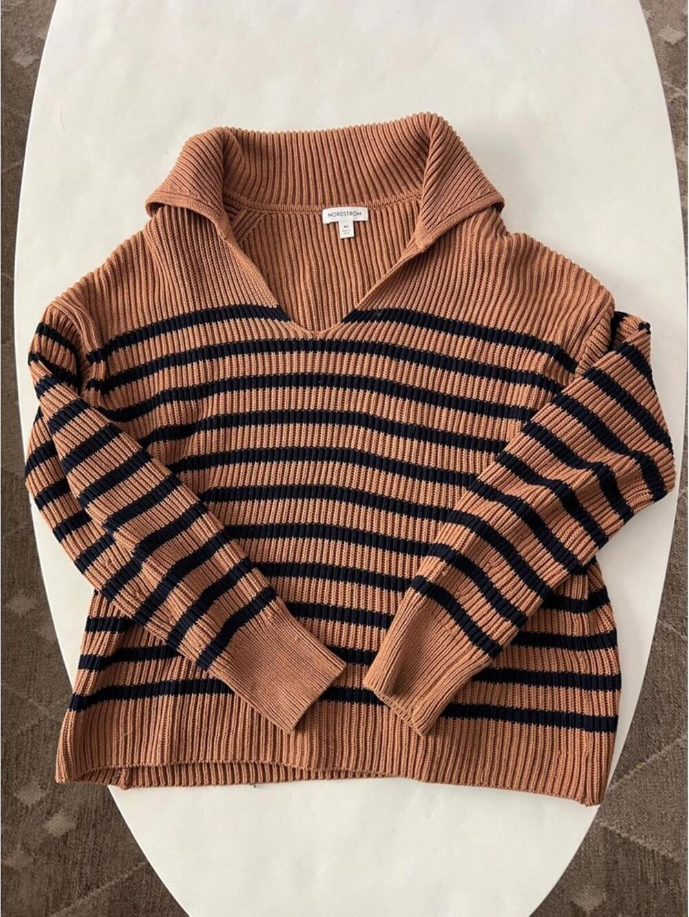 Nordstrom Stripe Long Sleeve Rib 100% Cotton Oversized Knit Sweater XS $149